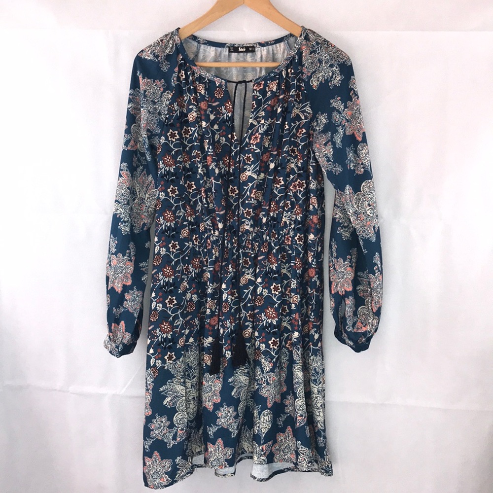 SHEIN Blue Floral Midi Key Hole Tussle Neckline Tunic Dress Size S
